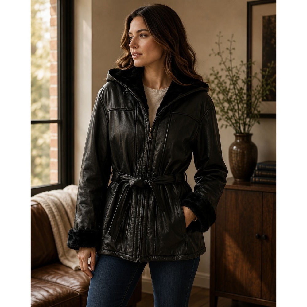 Wilsons Black Leather Parka Faux Fur Lined Hooded Belted Coat Medium